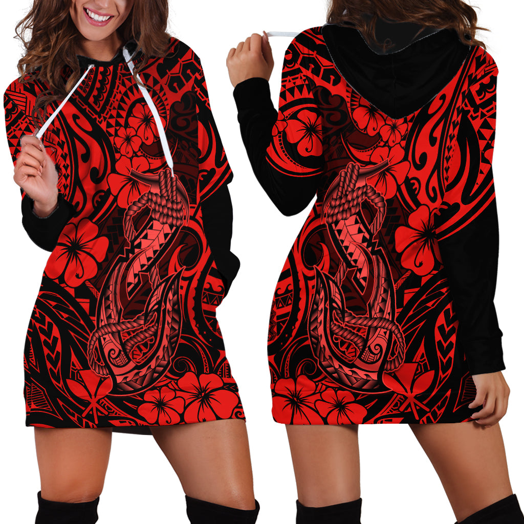 Hawaii Fish Hook Hoodie Dress Hibiscus Hawaii Tribal Tattoo Red Version - Wonder Print Shop