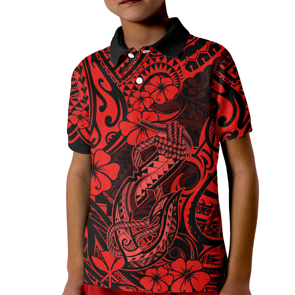Hawaii Fish Hook Kid Polo Shirt Hibiscus Hawaii Tribal Tattoo Red Version - Wonder Print Shop