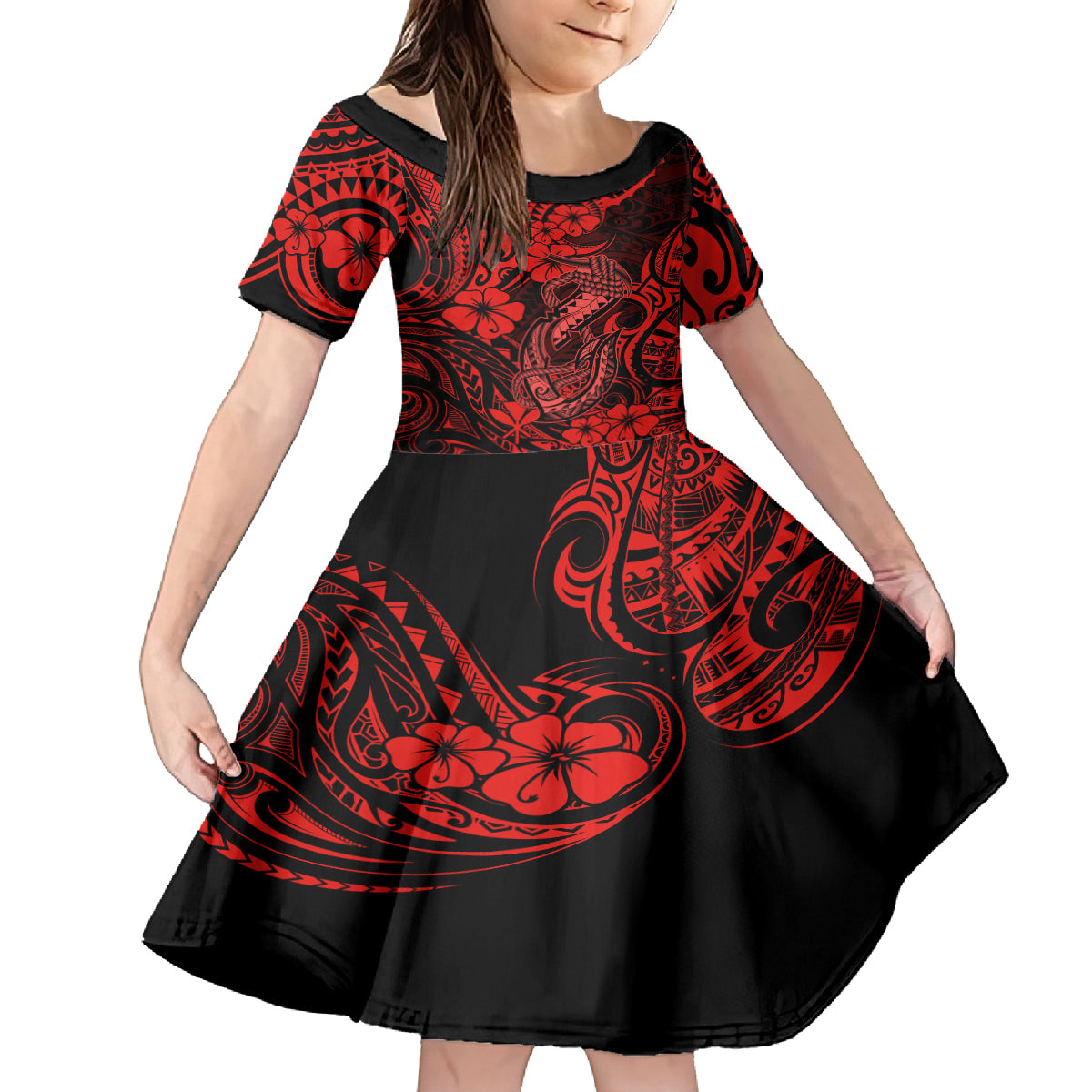 Hawaii Fish Hook Kid Short Sleeve Dress Hibiscus Hawaii Tribal Tattoo Red Version - Wonder Print Shop