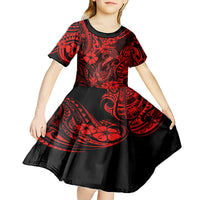 Hawaii Fish Hook Kid Short Sleeve Dress Hibiscus Hawaii Tribal Tattoo Red Version - Wonder Print Shop