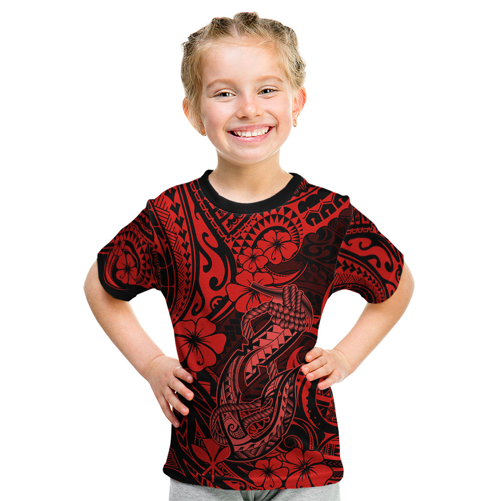 Hawaii Fish Hook Kid T Shirt Hibiscus Hawaii Tribal Tattoo Red Version - Wonder Print Shop