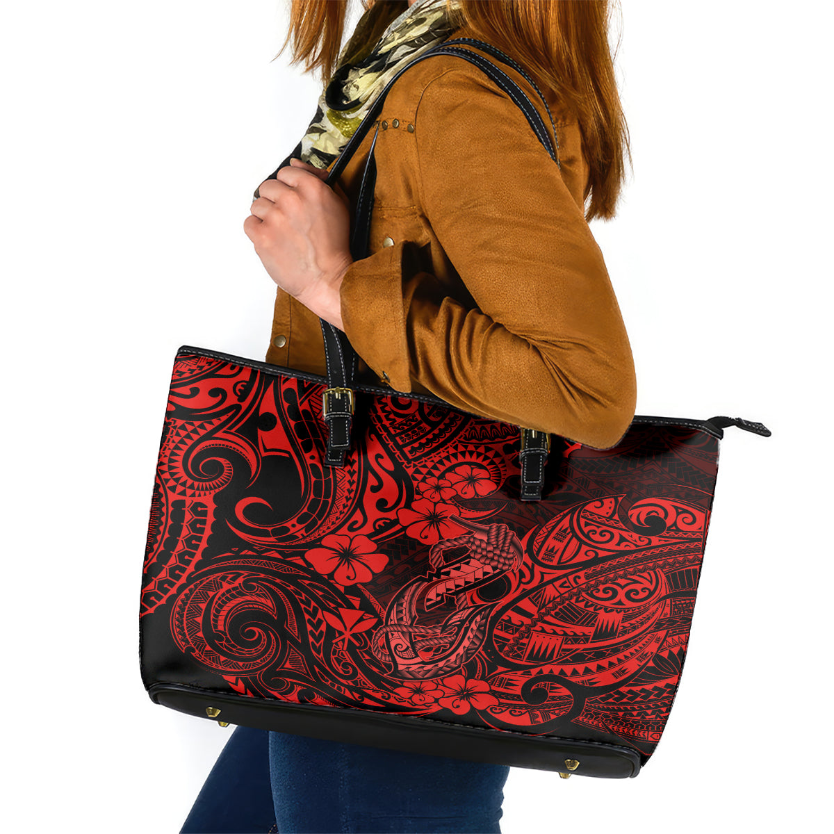 Hawaii Fish Hook Leather Tote Bag Hibiscus Hawaii Tribal Tattoo Red Version - Wonder Print Shop