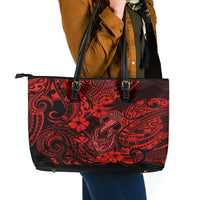 Hawaii Fish Hook Leather Tote Bag Hibiscus Hawaii Tribal Tattoo Red Version - Wonder Print Shop
