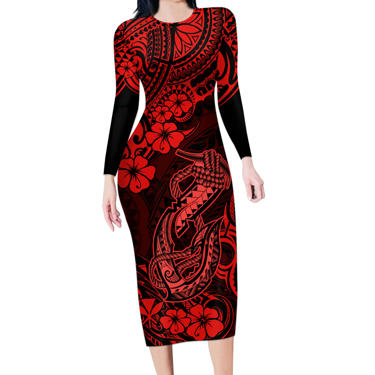 Hawaii Fish Hook Long Sleeve Bodycon Dress Hibiscus Hawaii Tribal Tattoo Red Version - Wonder Print Shop