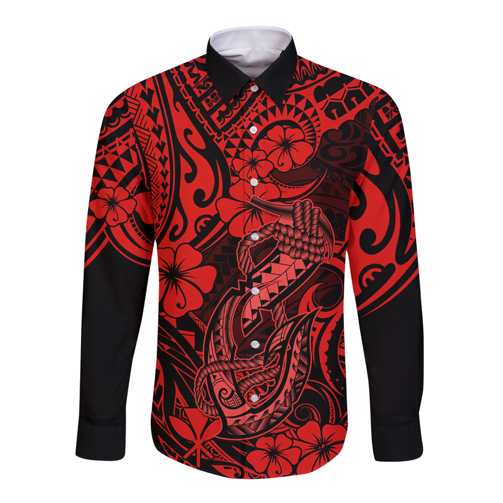 Hawaii Fish Hook Long Sleeve Button Shirt Hibiscus Hawaii Tribal Tattoo Red Version - Wonder Print Shop