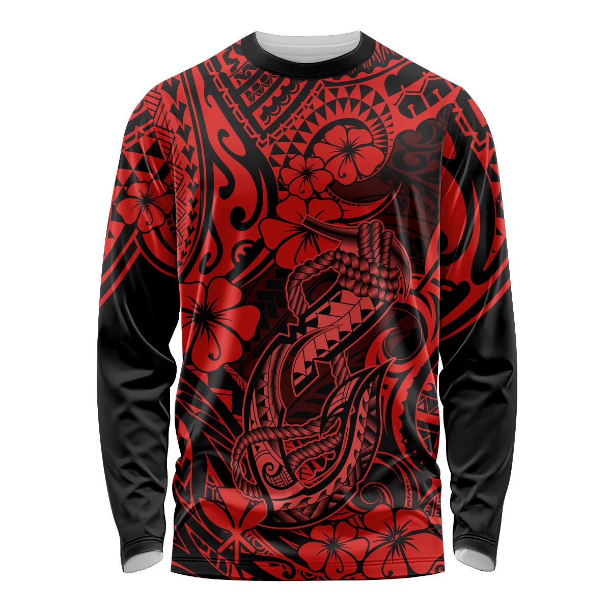 Hawaii Fish Hook Long Sleeve Shirt Hibiscus Hawaii Tribal Tattoo Red Version - Wonder Print Shop