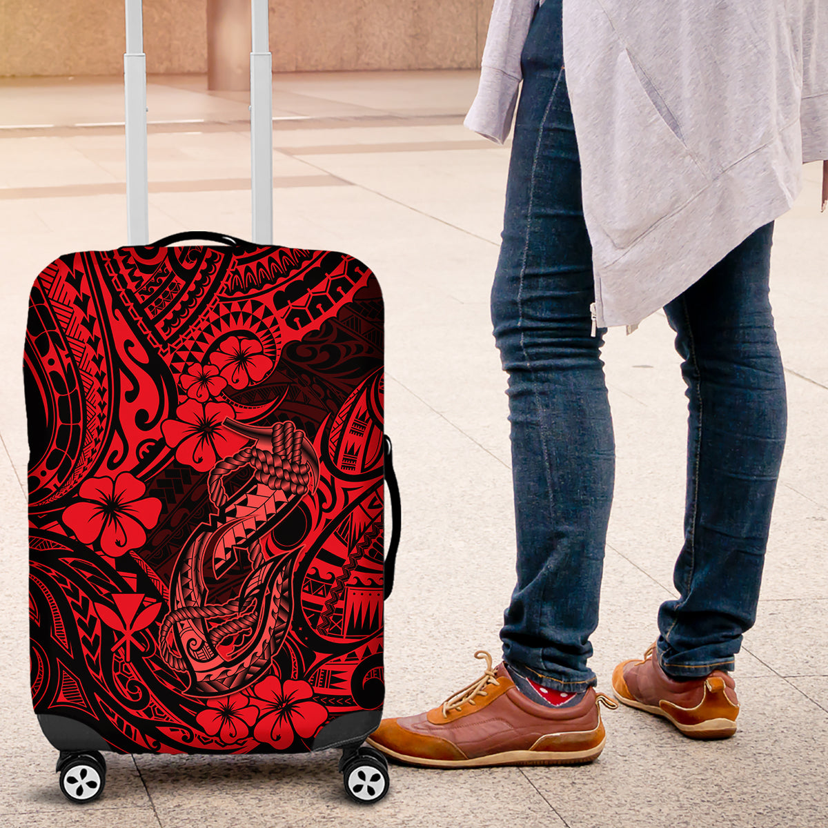 Hawaii Fish Hook Luggage Cover Hibiscus Hawaii Tribal Tattoo Red Version - Wonder Print Shop