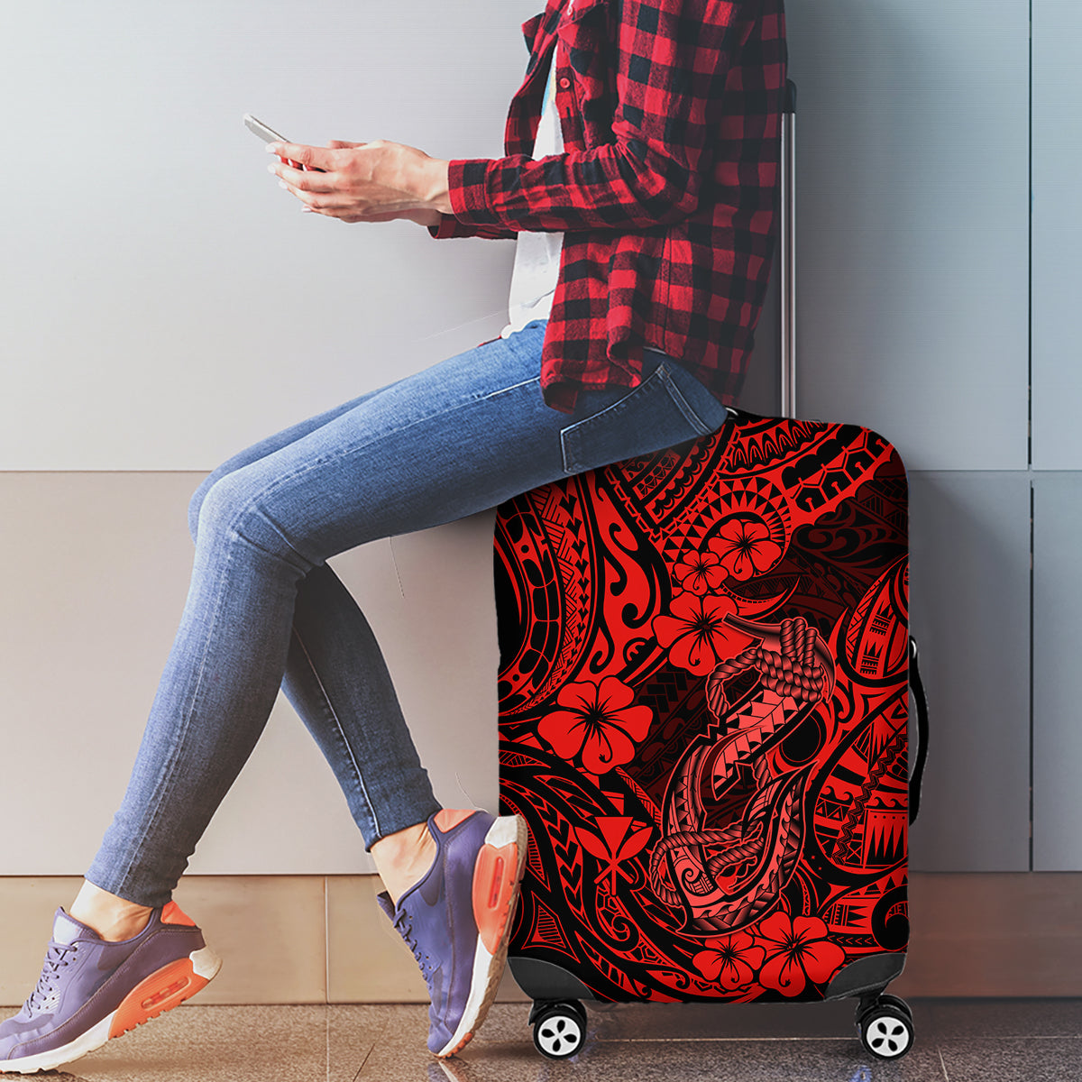 Hawaii Fish Hook Luggage Cover Hibiscus Hawaii Tribal Tattoo Red Version - Wonder Print Shop