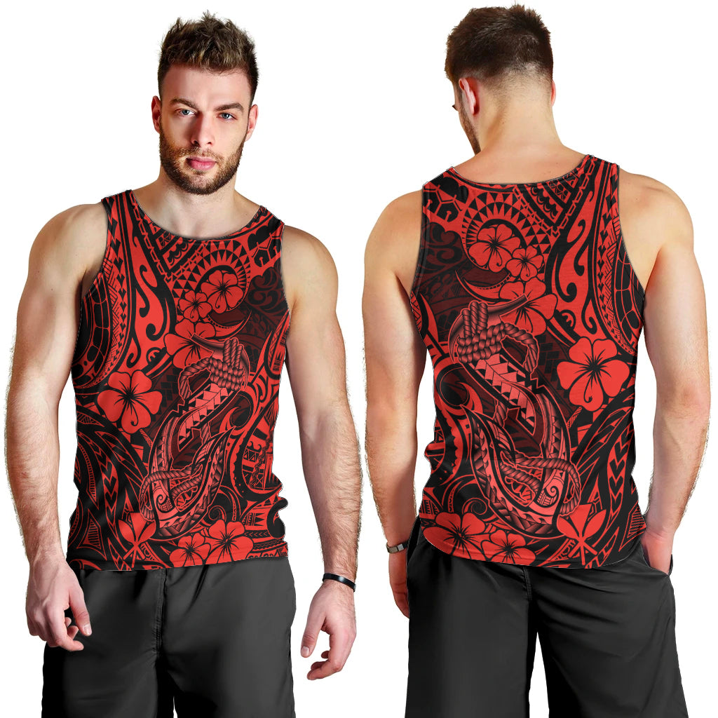 Hawaii Fish Hook Men Tank Top Hibiscus Hawaii Tribal Tattoo Red Version - Wonder Print Shop