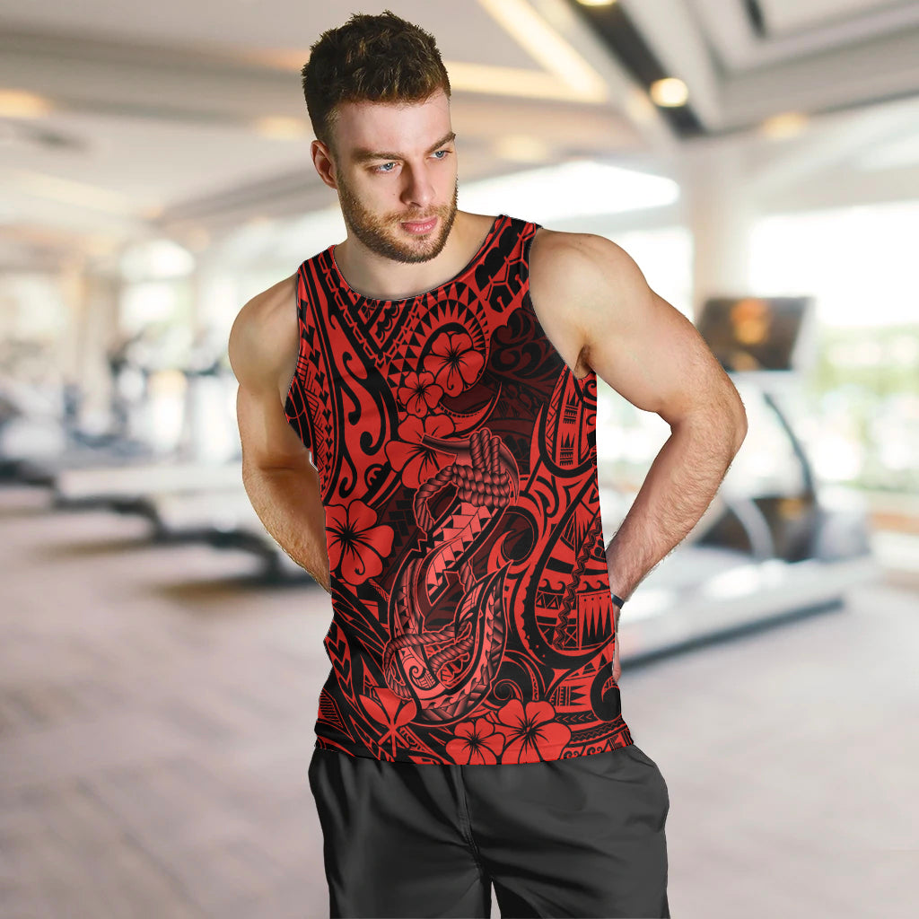 Hawaii Fish Hook Men Tank Top Hibiscus Hawaii Tribal Tattoo Red Version - Wonder Print Shop