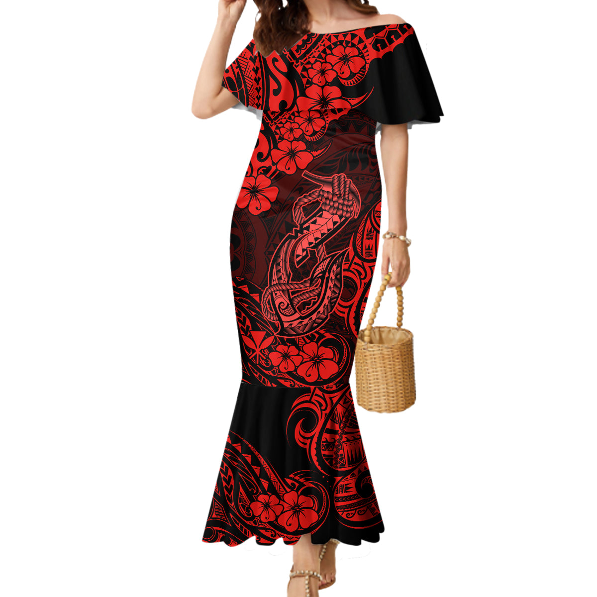 Hawaii Fish Hook Mermaid Dress Hibiscus Hawaii Tribal Tattoo Red Version - Wonder Print Shop
