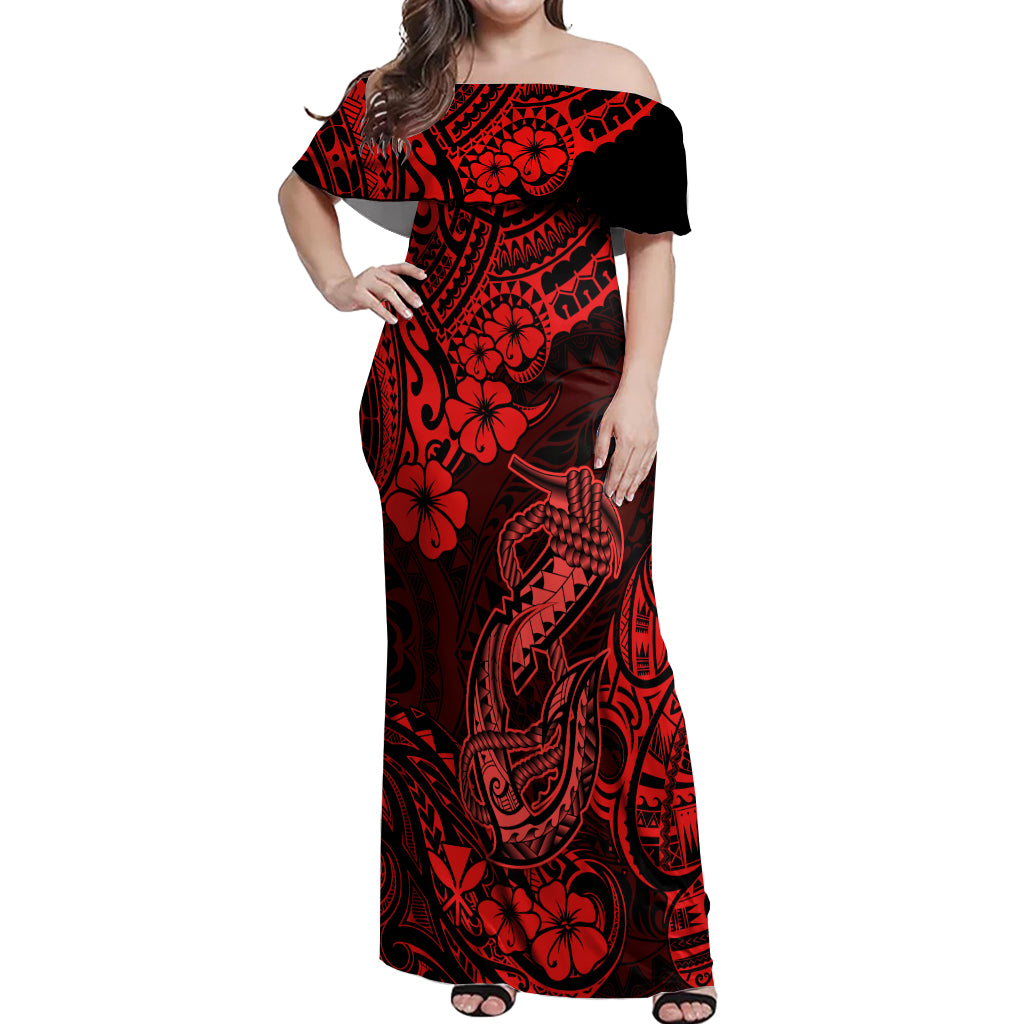 Hawaii Fish Hook Off Shoulder Maxi Dress Hibiscus Hawaii Tribal Tattoo Red Version - Wonder Print Shop