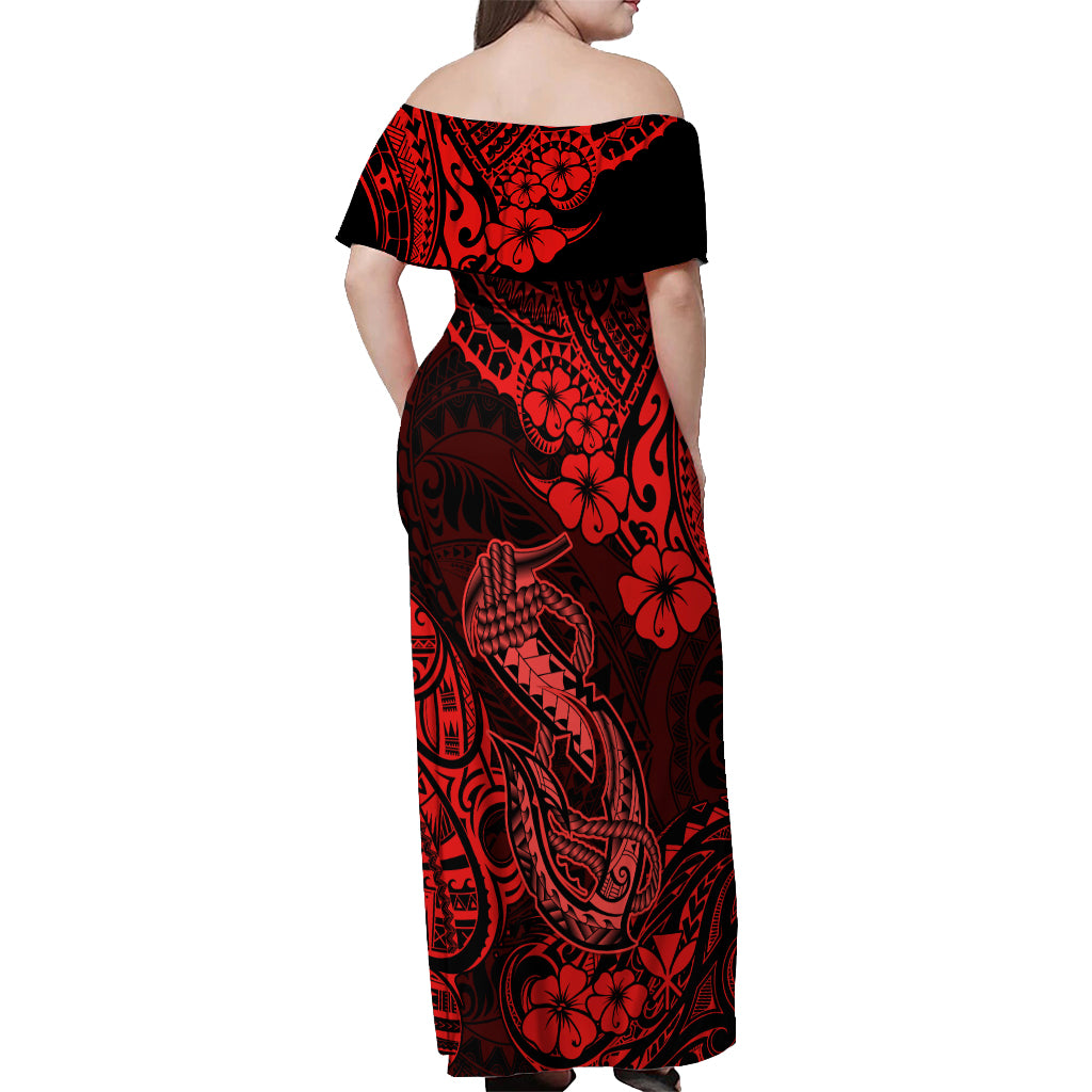 Hawaii Fish Hook Off Shoulder Maxi Dress Hibiscus Hawaii Tribal Tattoo Red Version - Wonder Print Shop