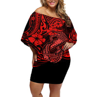 Hawaii Fish Hook Off Shoulder Short Dress Hibiscus Hawaii Tribal Tattoo Red Version - Wonder Print Shop