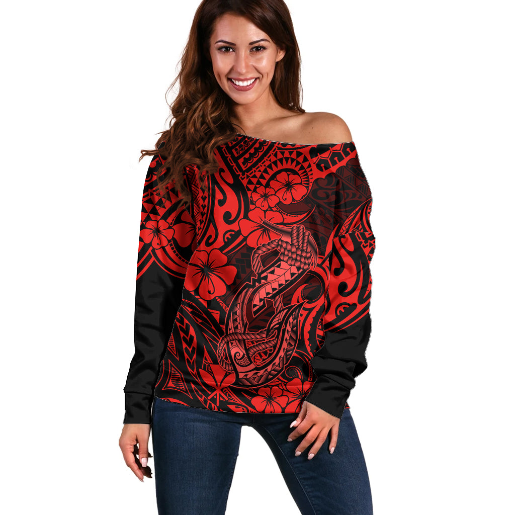 Hawaii Fish Hook Off Shoulder Sweater Hibiscus Hawaii Tribal Tattoo Red Version - Wonder Print Shop
