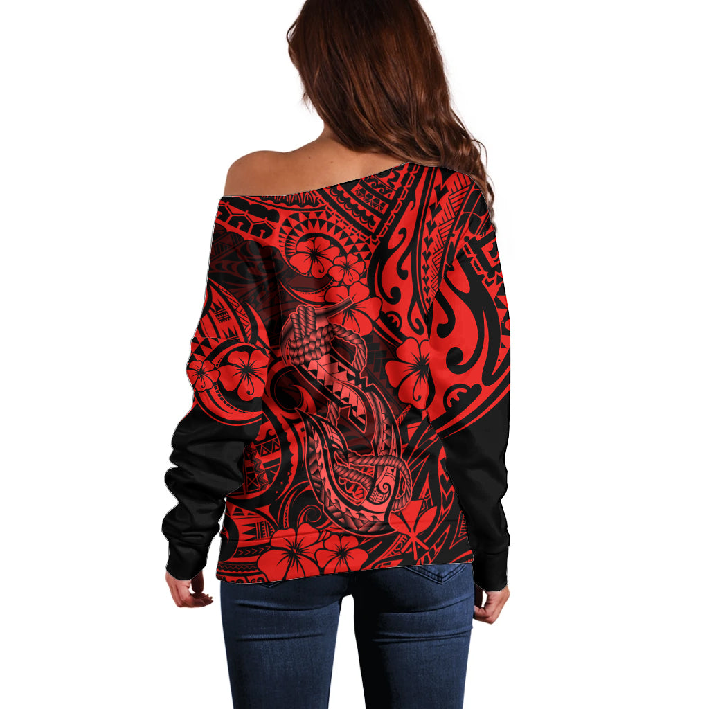 Hawaii Fish Hook Off Shoulder Sweater Hibiscus Hawaii Tribal Tattoo Red Version - Wonder Print Shop