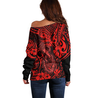 Hawaii Fish Hook Off Shoulder Sweater Hibiscus Hawaii Tribal Tattoo Red Version - Wonder Print Shop