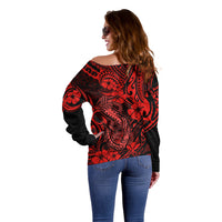 Hawaii Fish Hook Off Shoulder Sweater Hibiscus Hawaii Tribal Tattoo Red Version - Wonder Print Shop