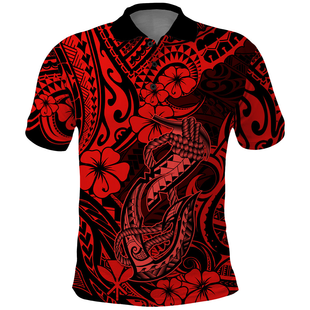 Hawaii Fish Hook Polo Shirt Hibiscus Hawaii Tribal Tattoo Red Version - Wonder Print Shop