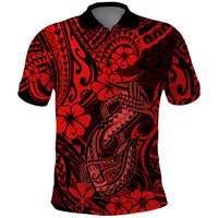 Hawaii Fish Hook Polo Shirt Hibiscus Hawaii Tribal Tattoo Red Version - Wonder Print Shop