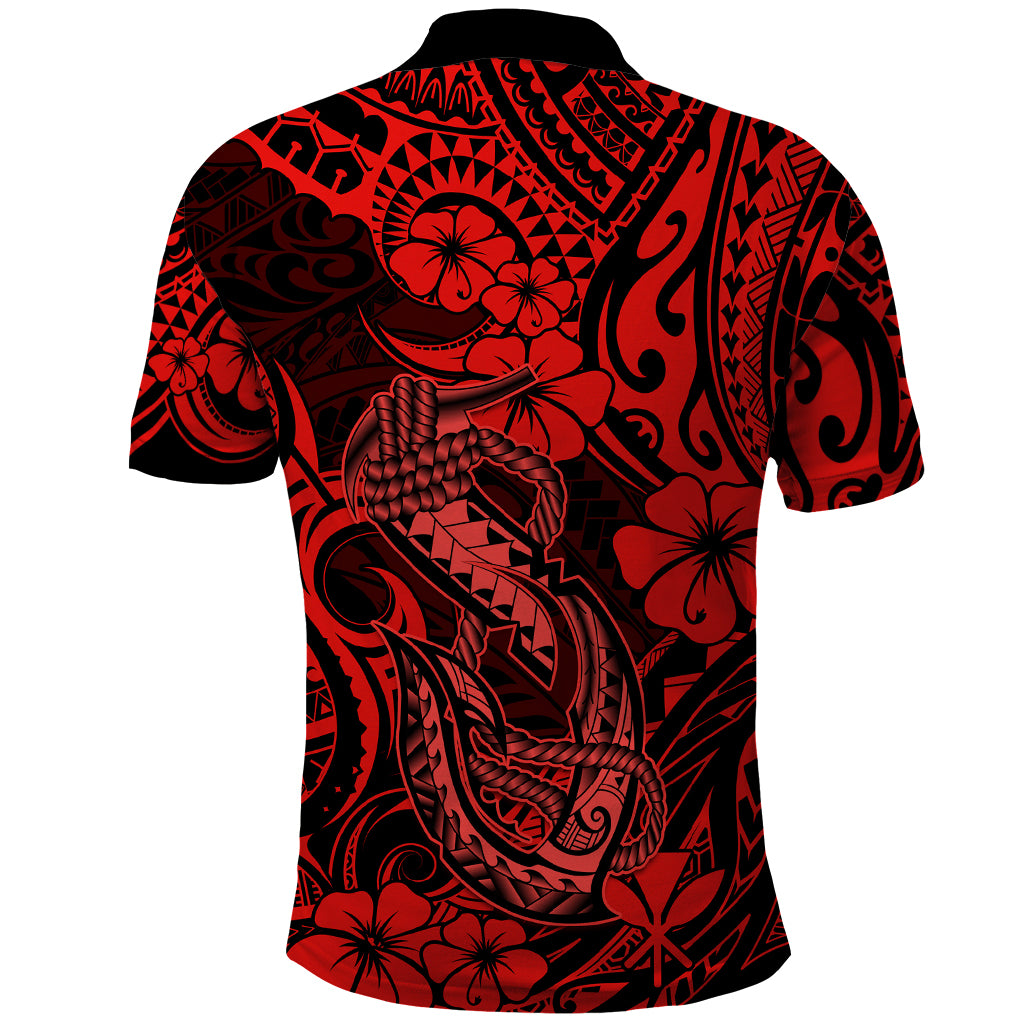 Hawaii Fish Hook Polo Shirt Hibiscus Hawaii Tribal Tattoo Red Version - Wonder Print Shop
