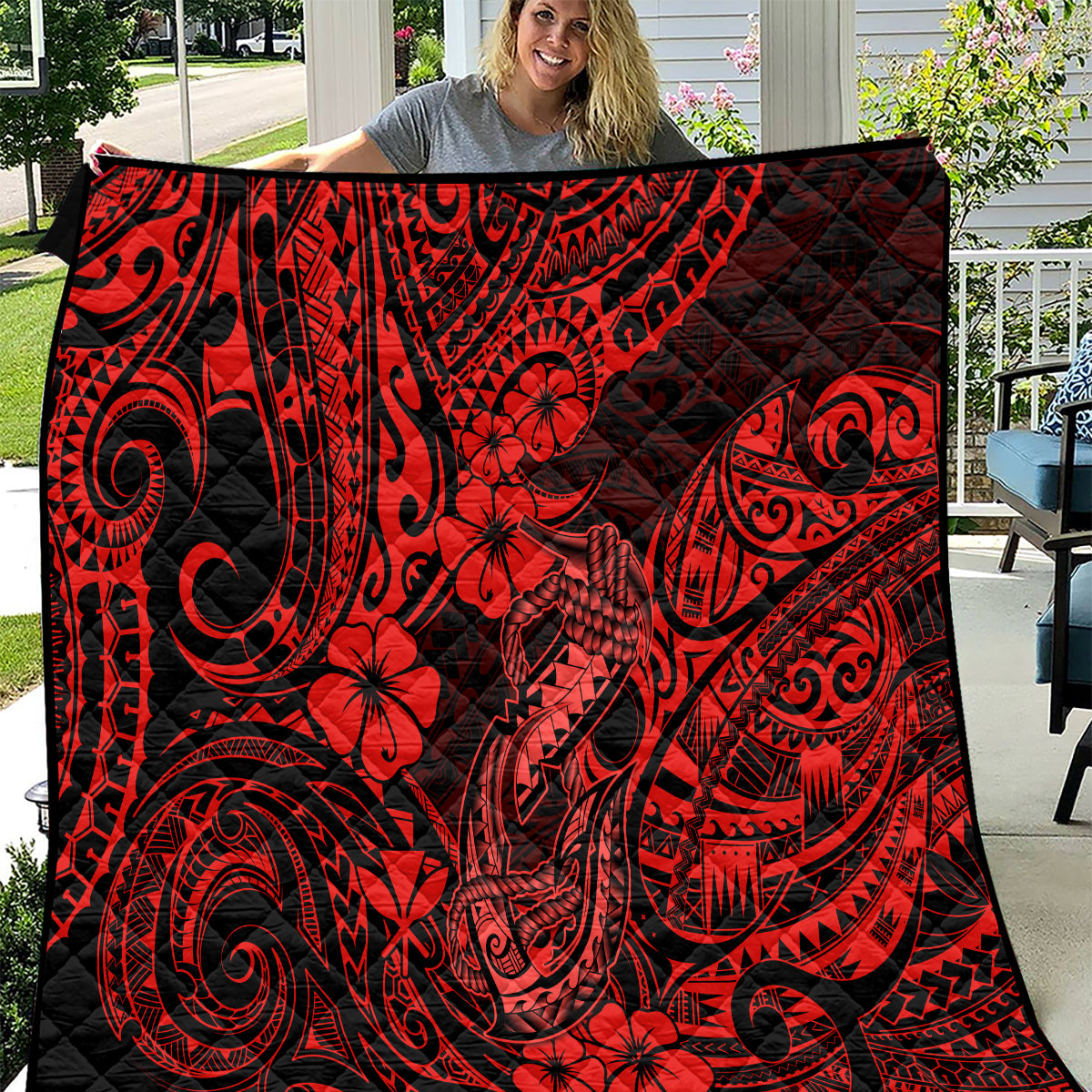 Hawaii Fish Hook Quilt Hibiscus Hawaii Tribal Tattoo Red Version - Wonder Print Shop