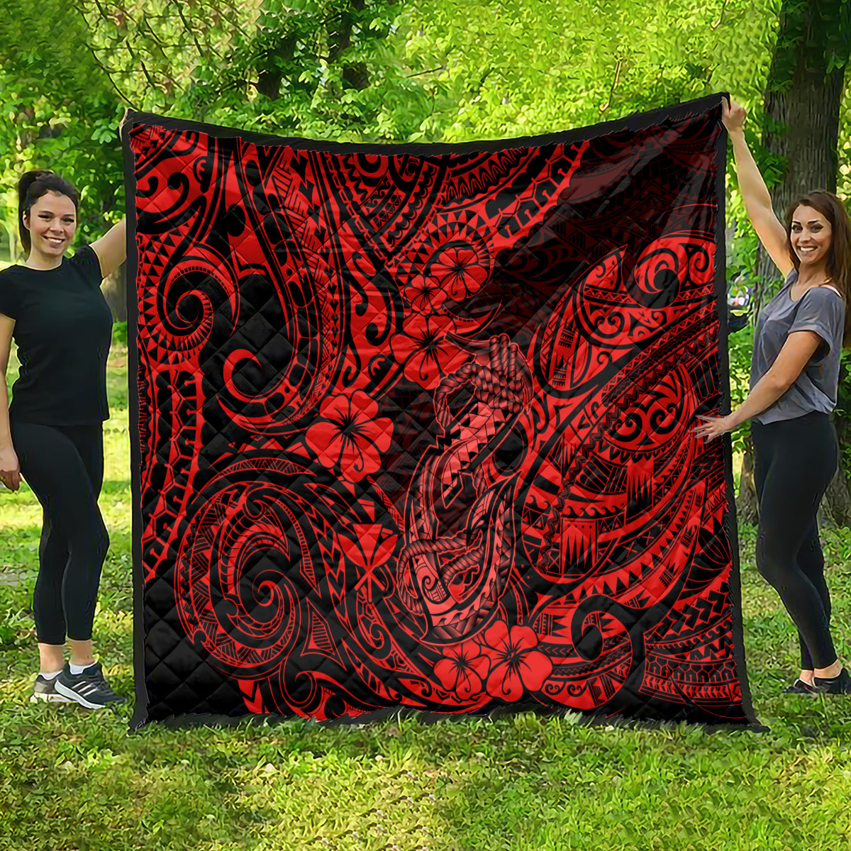 Hawaii Fish Hook Quilt Hibiscus Hawaii Tribal Tattoo Red Version - Wonder Print Shop