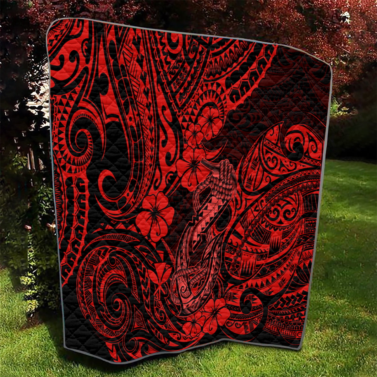 Hawaii Fish Hook Quilt Hibiscus Hawaii Tribal Tattoo Red Version - Wonder Print Shop