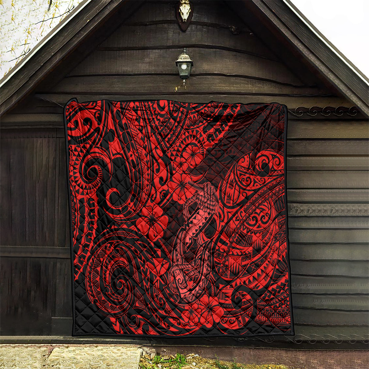 Hawaii Fish Hook Quilt Hibiscus Hawaii Tribal Tattoo Red Version - Wonder Print Shop