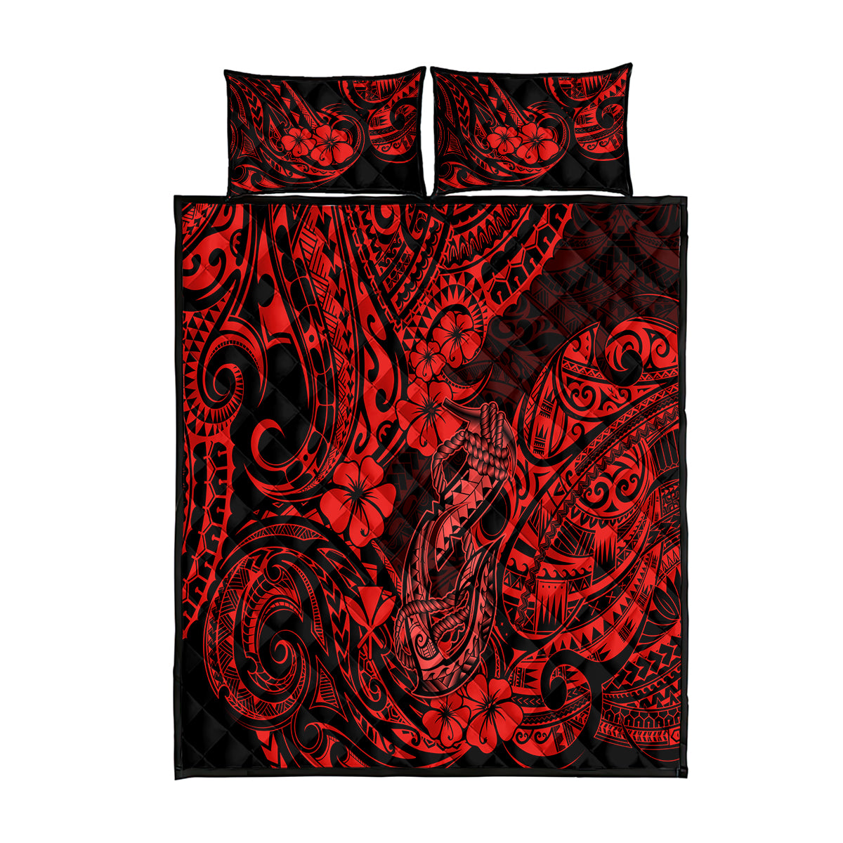 Hawaii Fish Hook Quilt Bed Set Hibiscus Hawaii Tribal Tattoo Red Version - Wonder Print Shop