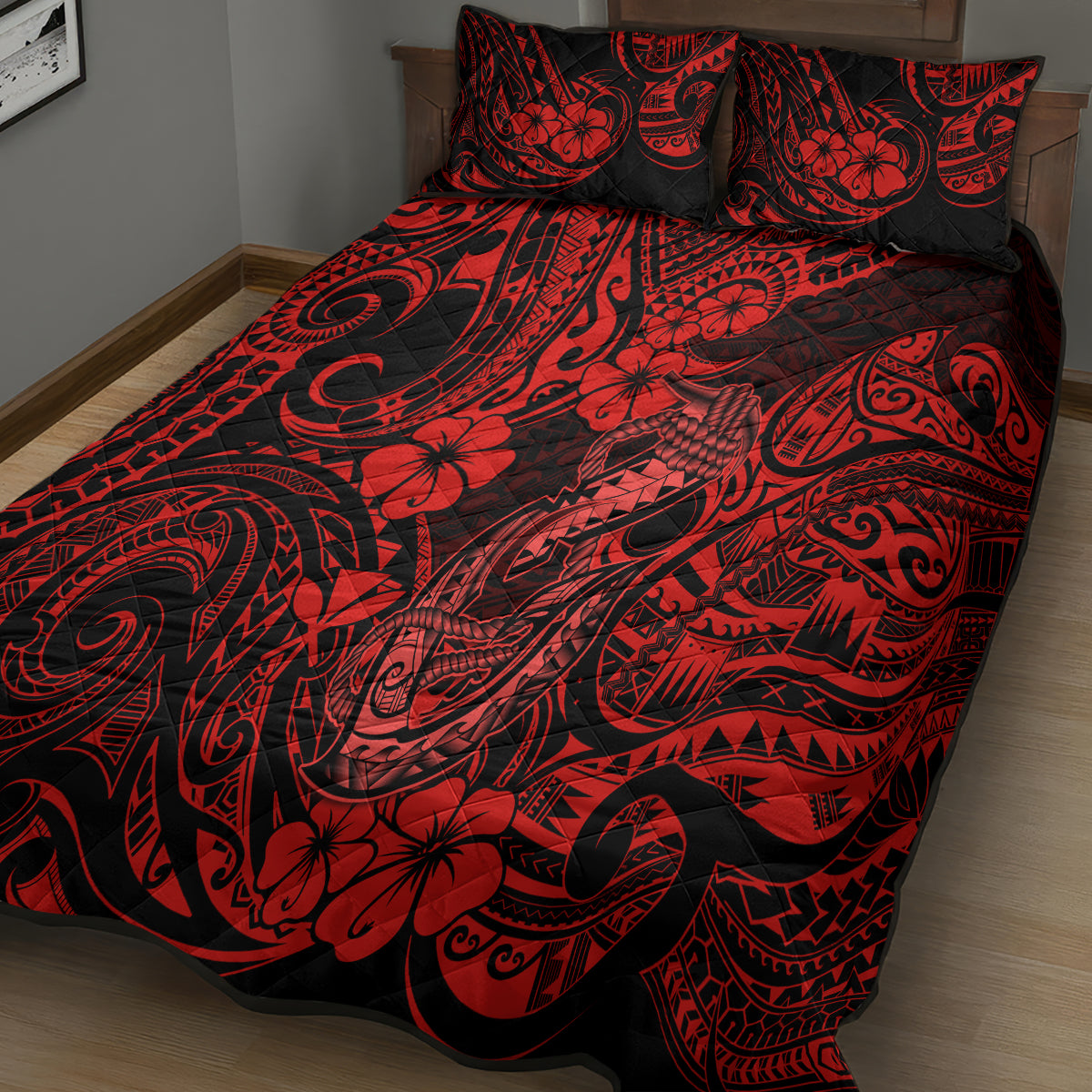 Hawaii Fish Hook Quilt Bed Set Hibiscus Hawaii Tribal Tattoo Red Version - Wonder Print Shop