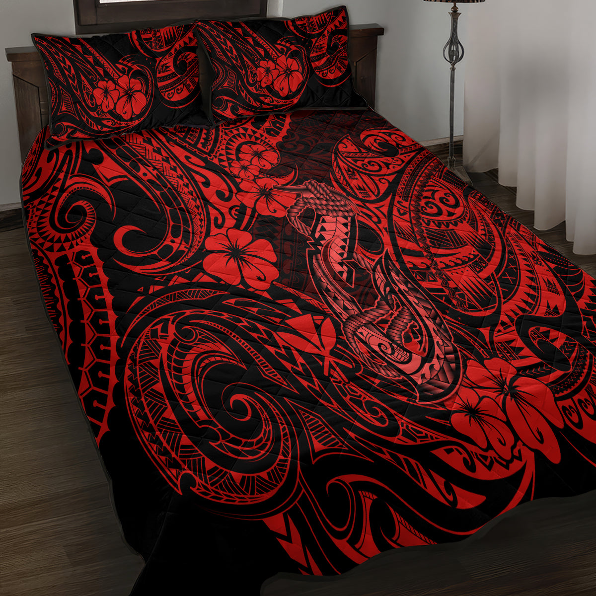 Hawaii Fish Hook Quilt Bed Set Hibiscus Hawaii Tribal Tattoo Red Version - Wonder Print Shop
