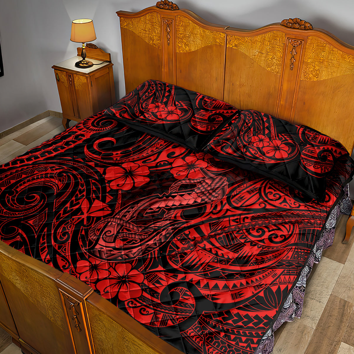 Hawaii Fish Hook Quilt Bed Set Hibiscus Hawaii Tribal Tattoo Red Version - Wonder Print Shop