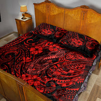 Hawaii Fish Hook Quilt Bed Set Hibiscus Hawaii Tribal Tattoo Red Version - Wonder Print Shop