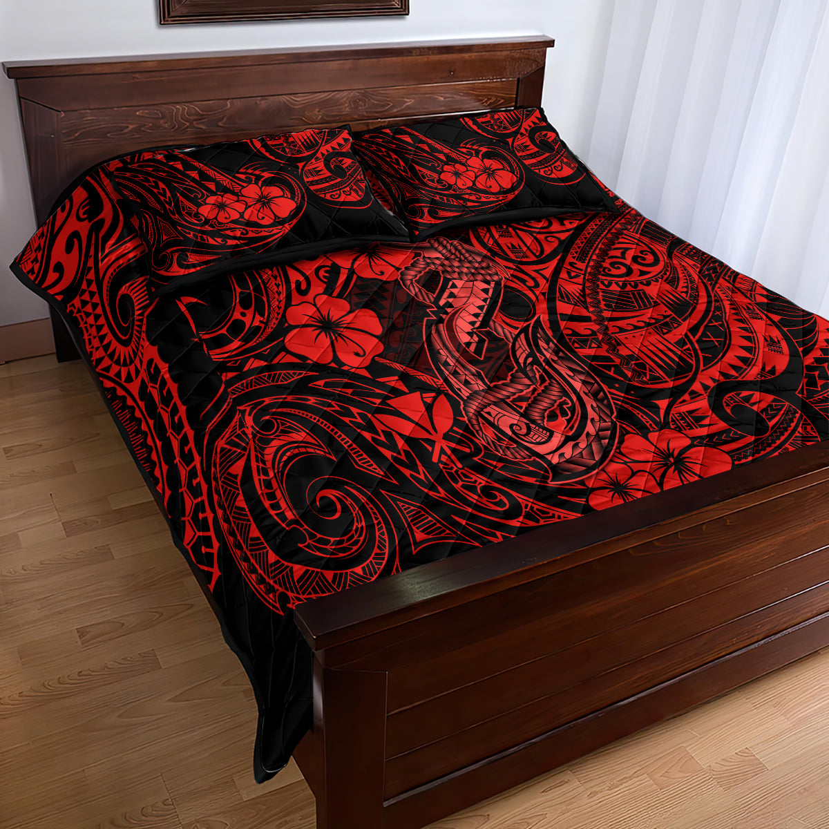 Hawaii Fish Hook Quilt Bed Set Hibiscus Hawaii Tribal Tattoo Red Version - Wonder Print Shop