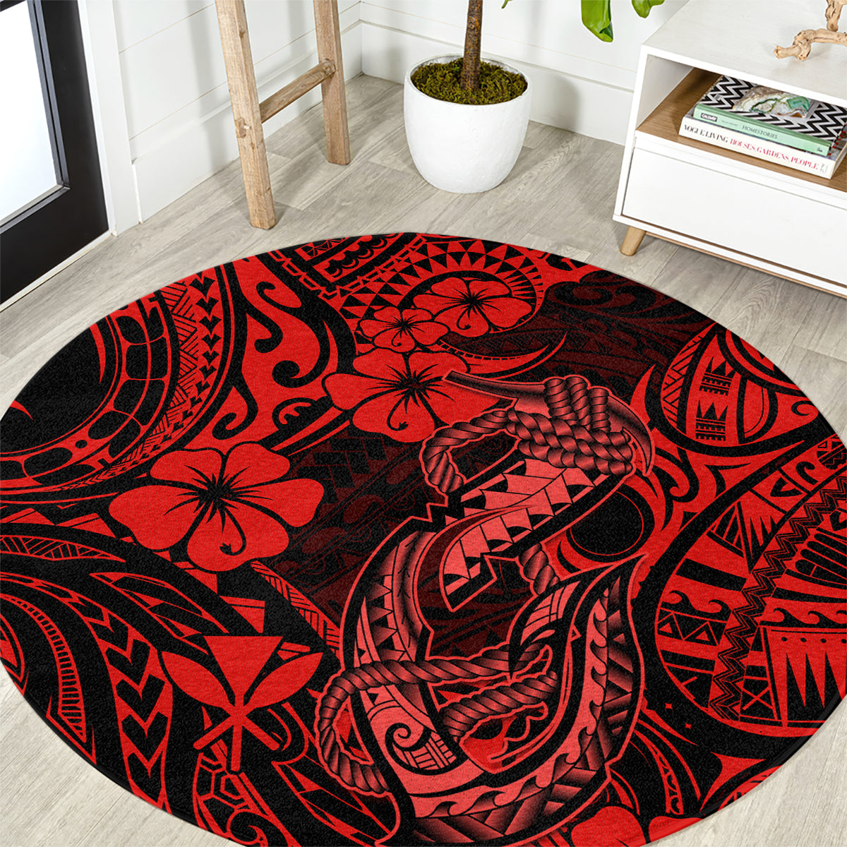 hawaii-fish-hook-round-carpet-hibiscus-hawaii-tribal-tattoo-red-version