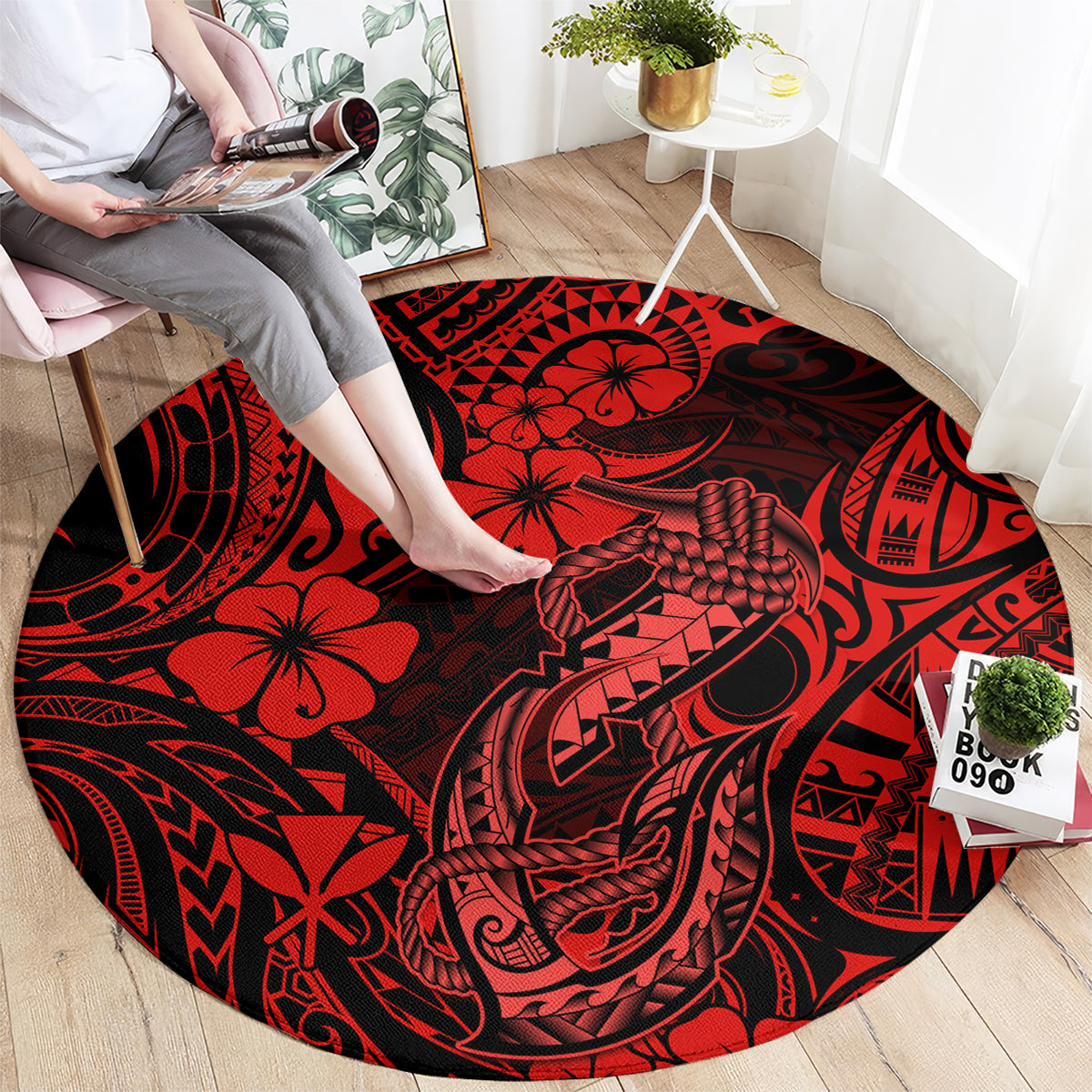 hawaii-fish-hook-round-carpet-hibiscus-hawaii-tribal-tattoo-red-version
