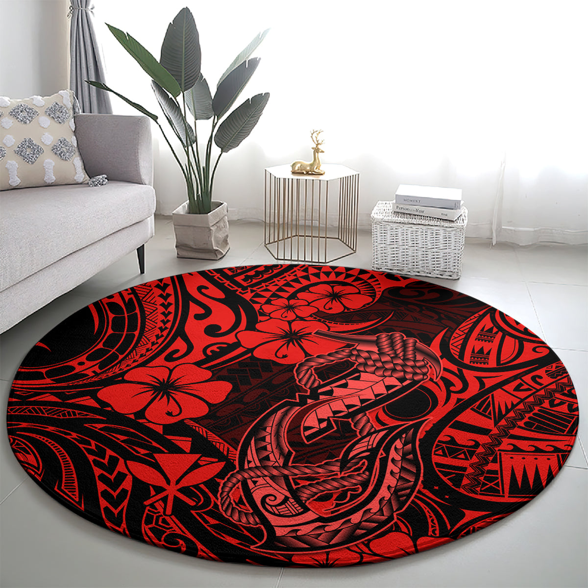 hawaii-fish-hook-round-carpet-hibiscus-hawaii-tribal-tattoo-red-version