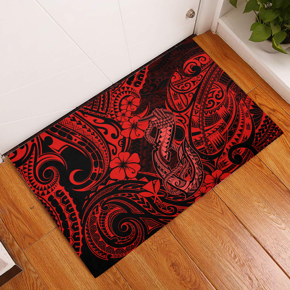 Hawaii Fish Hook Rubber Doormat Hibiscus Hawaii Tribal Tattoo Red Version - Wonder Print Shop