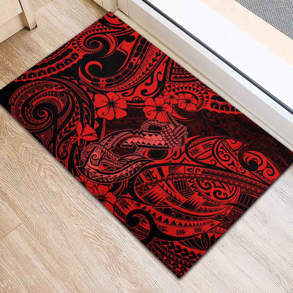 Hawaii Fish Hook Rubber Doormat Hibiscus Hawaii Tribal Tattoo Red Version - Wonder Print Shop