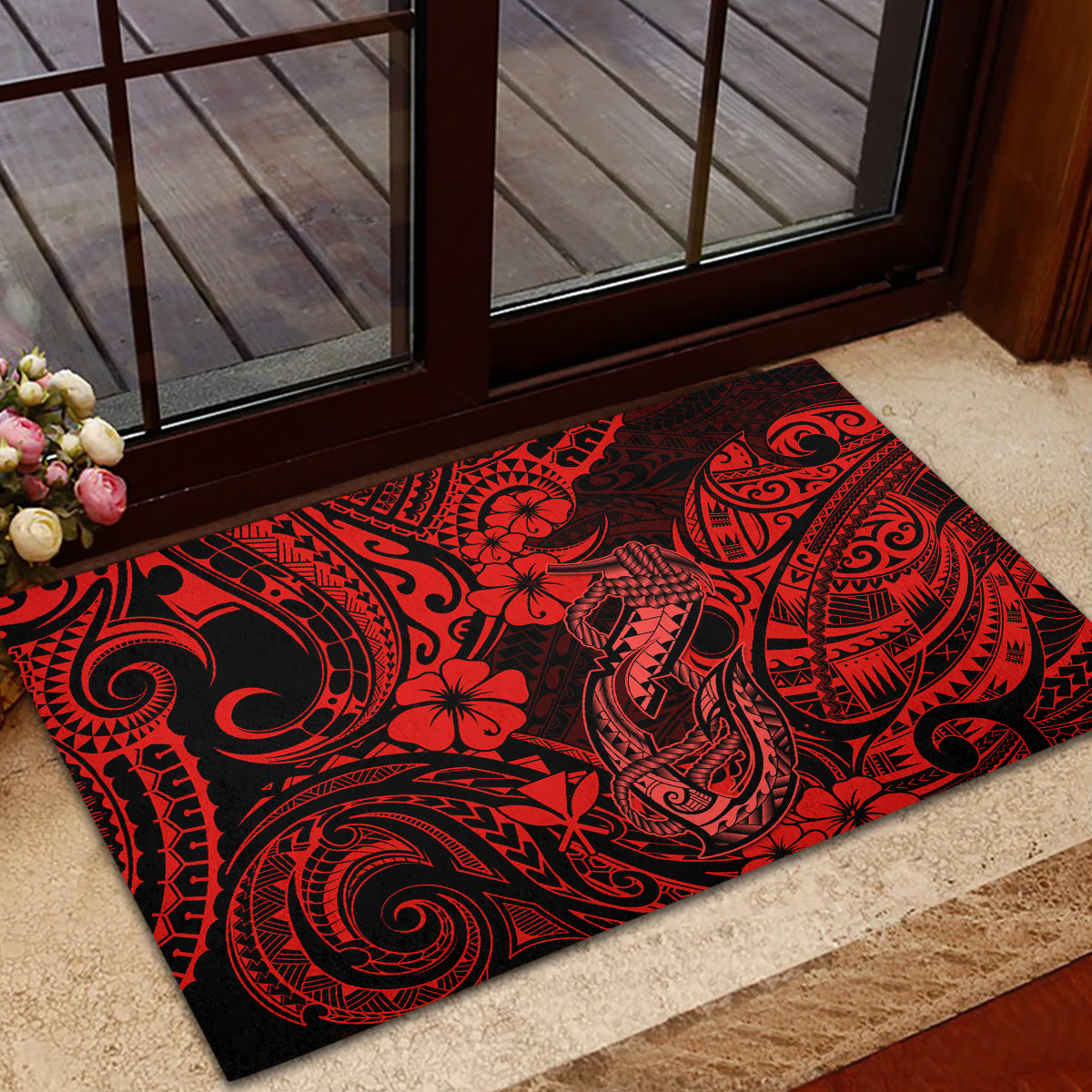 Hawaii Fish Hook Rubber Doormat Hibiscus Hawaii Tribal Tattoo Red Version - Wonder Print Shop