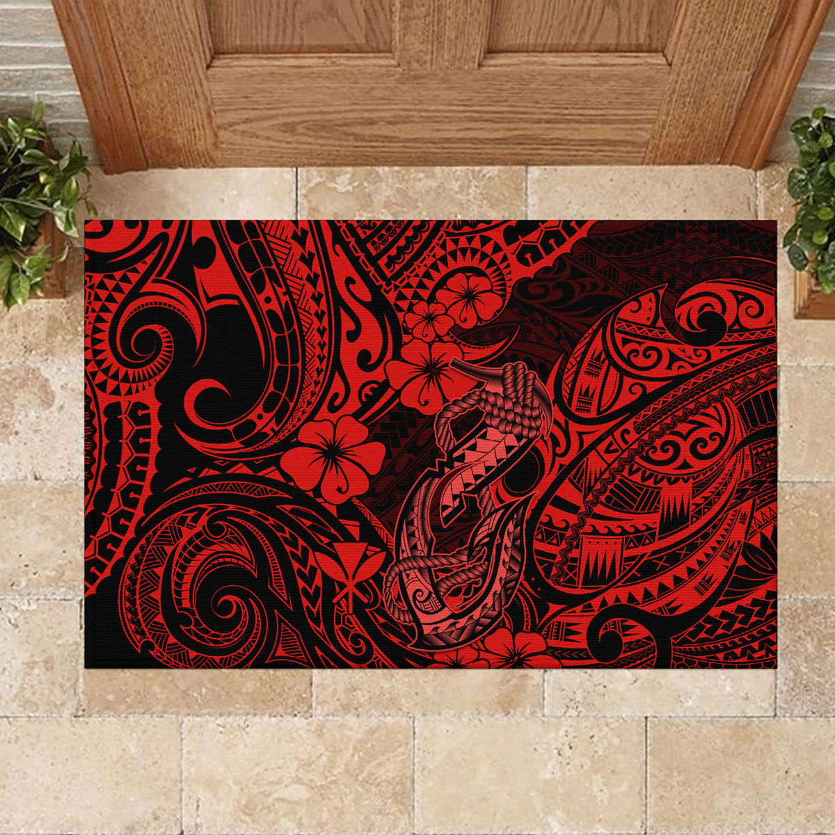 Hawaii Fish Hook Rubber Doormat Hibiscus Hawaii Tribal Tattoo Red Version - Wonder Print Shop