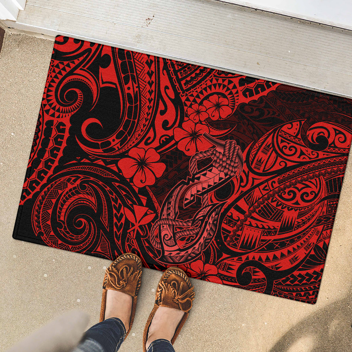 Hawaii Fish Hook Rubber Doormat Hibiscus Hawaii Tribal Tattoo Red Version - Wonder Print Shop