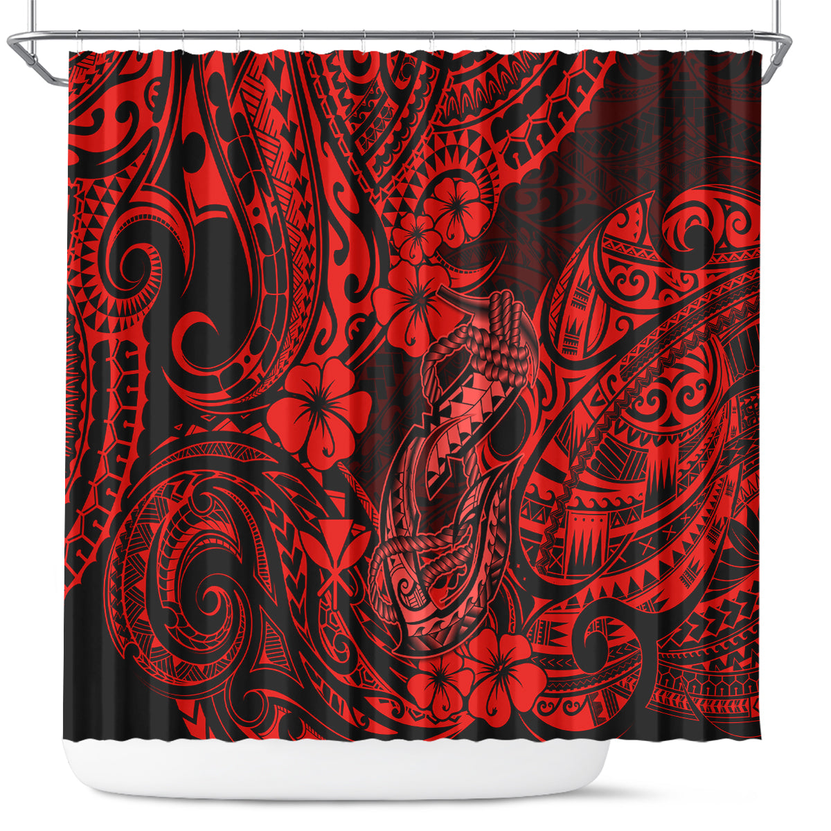 hawaii-fish-hook-shower-curtain-hibiscus-hawaii-tribal-tattoo-red-version