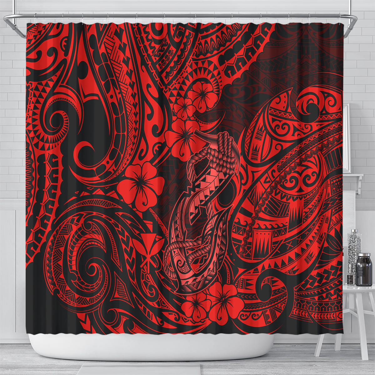 hawaii-fish-hook-shower-curtain-hibiscus-hawaii-tribal-tattoo-red-version