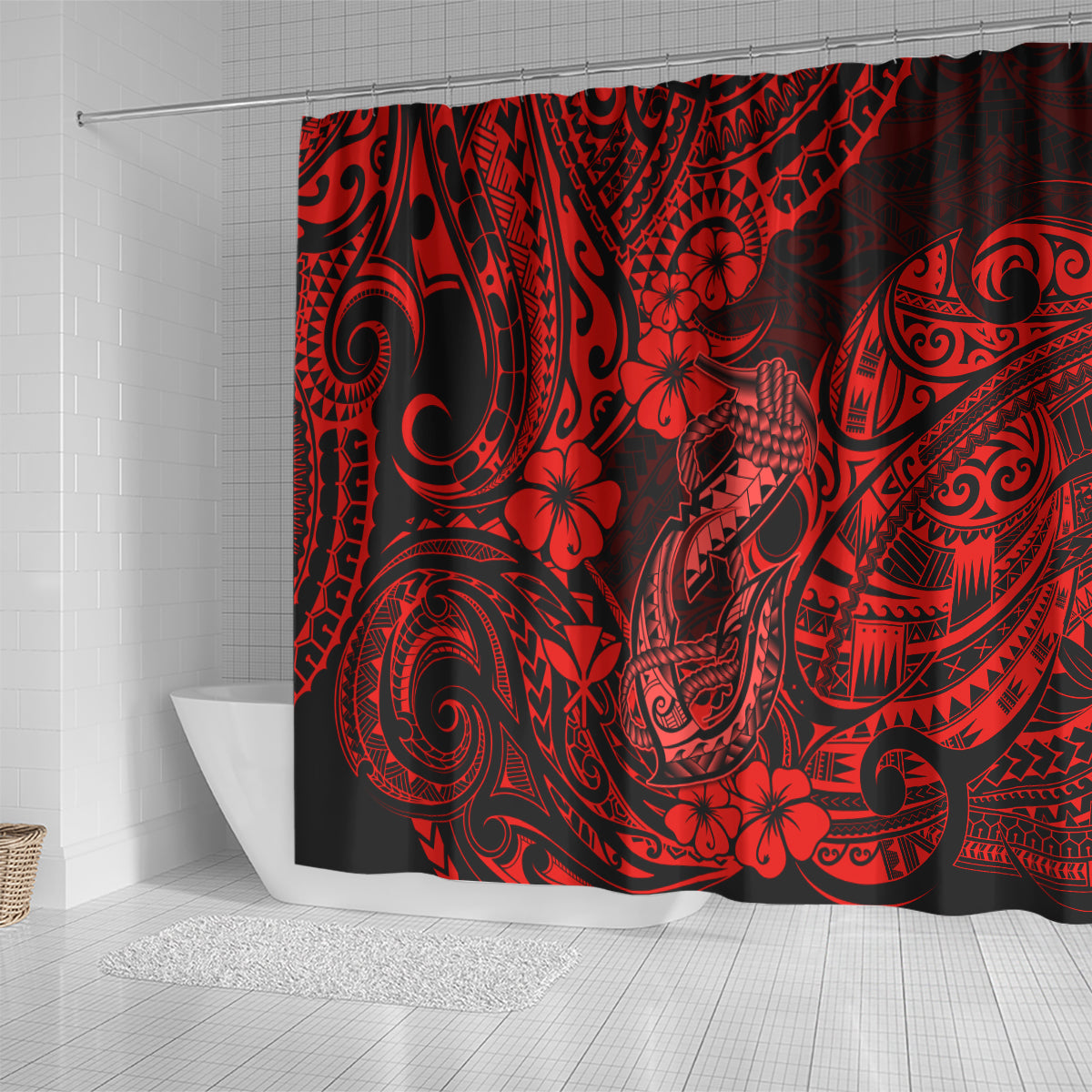 hawaii-fish-hook-shower-curtain-hibiscus-hawaii-tribal-tattoo-red-version