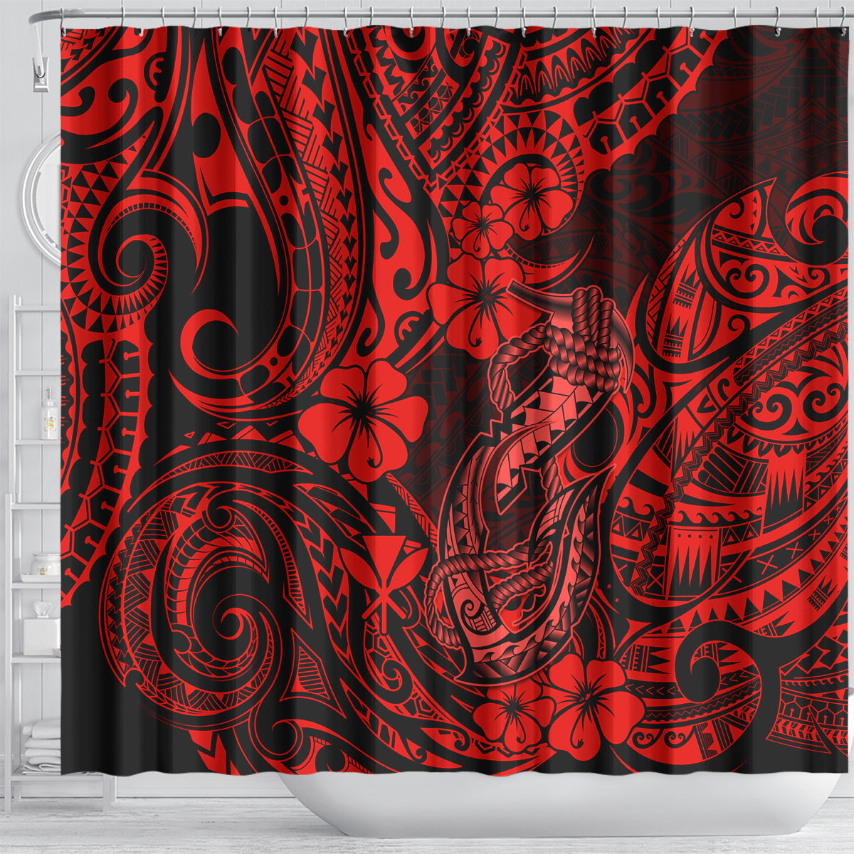 hawaii-fish-hook-shower-curtain-hibiscus-hawaii-tribal-tattoo-red-version