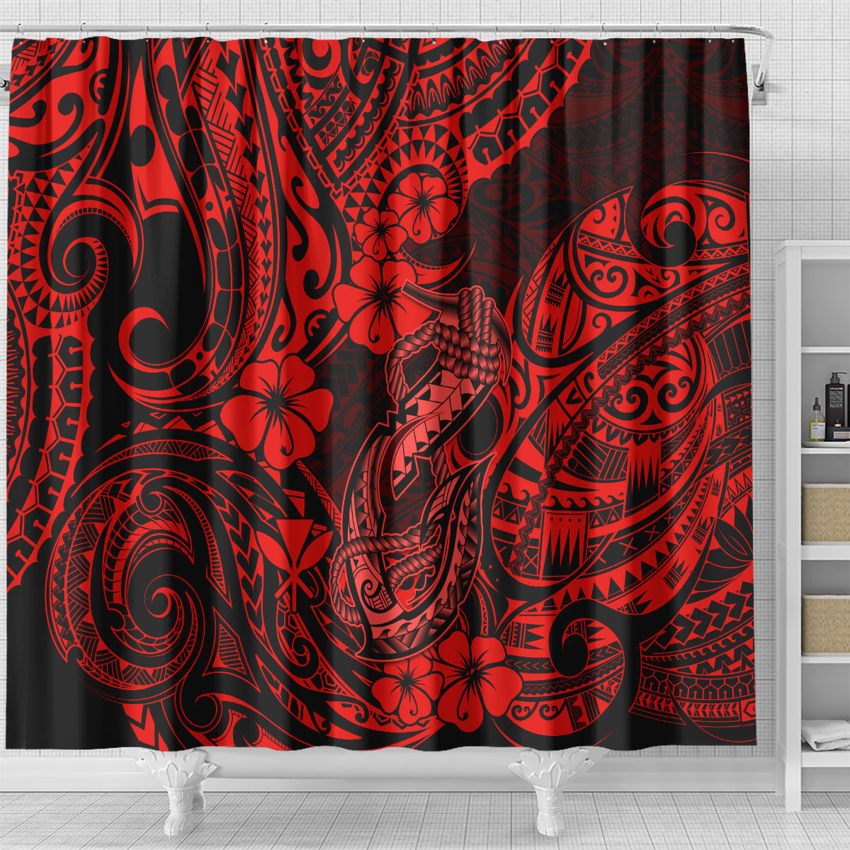 hawaii-fish-hook-shower-curtain-hibiscus-hawaii-tribal-tattoo-red-version