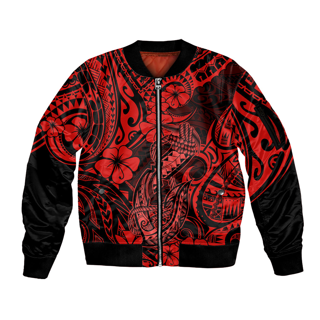 Hawaii Fish Hook Sleeve Zip Bomber Jacket Hibiscus Hawaii Tribal Tattoo Red Version - Wonder Print Shop