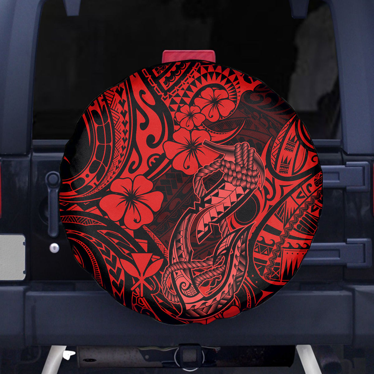 Hawaii Fish Hook Spare Tire Cover Hibiscus Hawaii Tribal Tattoo Red Version - Wonder Print Shop
